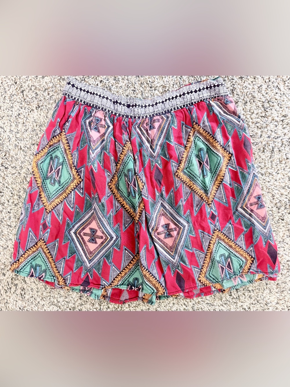 Angie - Red Geometric Smocked-Waist Boho Skirt - Lightweight - Size Small